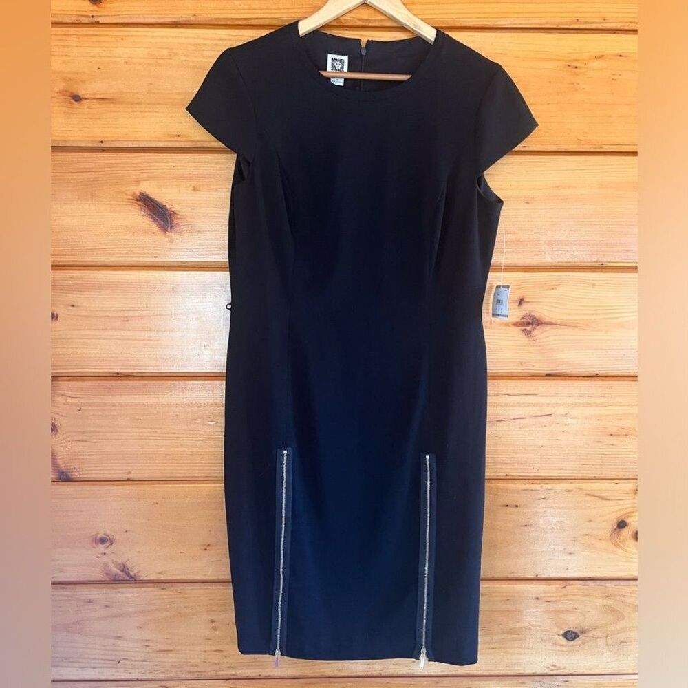 Ann Klein Dress 12 Black Sheath Lined 2 Front Zip Cap Sleeve Evening Preppy